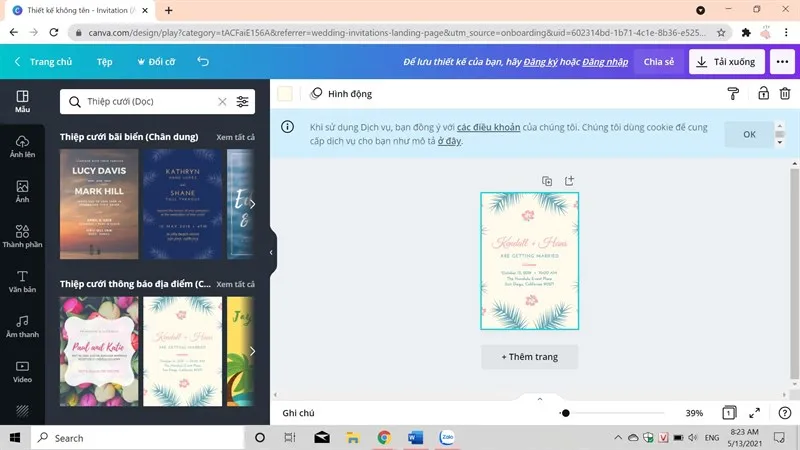 alt: Giao diện thiết kế thiệp cưới trên Canva