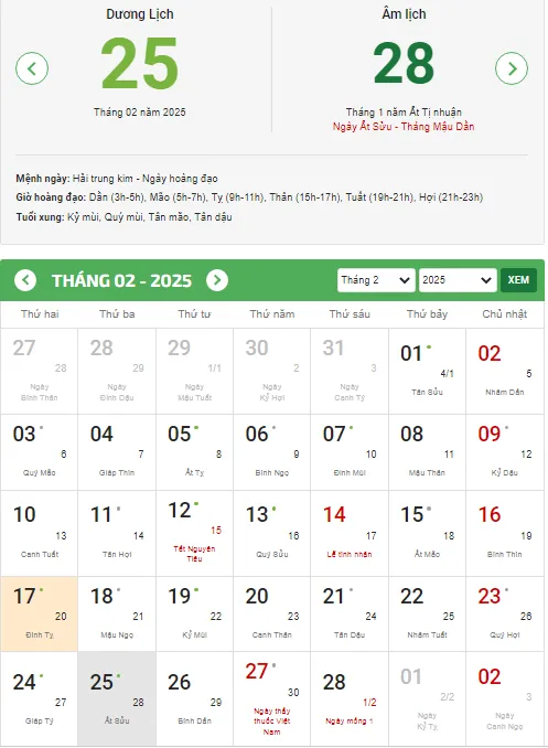 Lịch tháng 2 năm 2025 với ngày 25/2