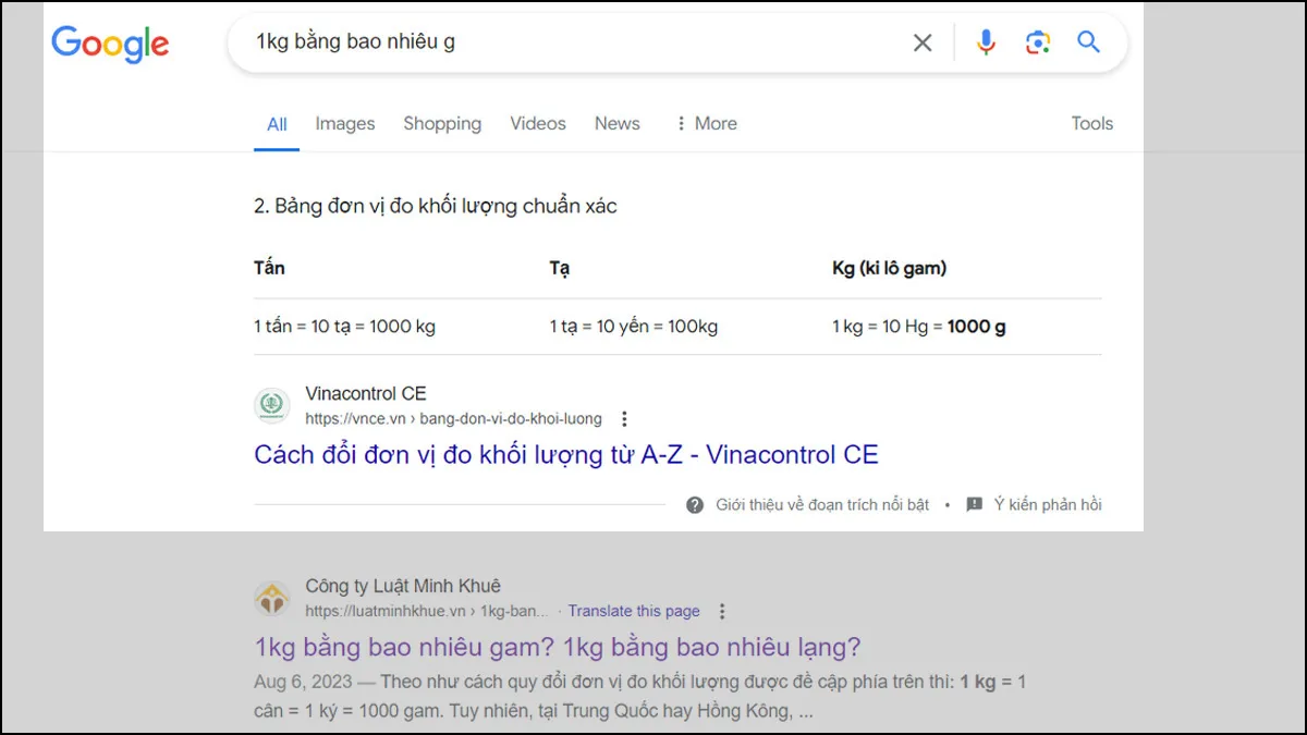 Sử dụng Google để tìm kiếm và quy đổi kg sang gam nhanh chóng