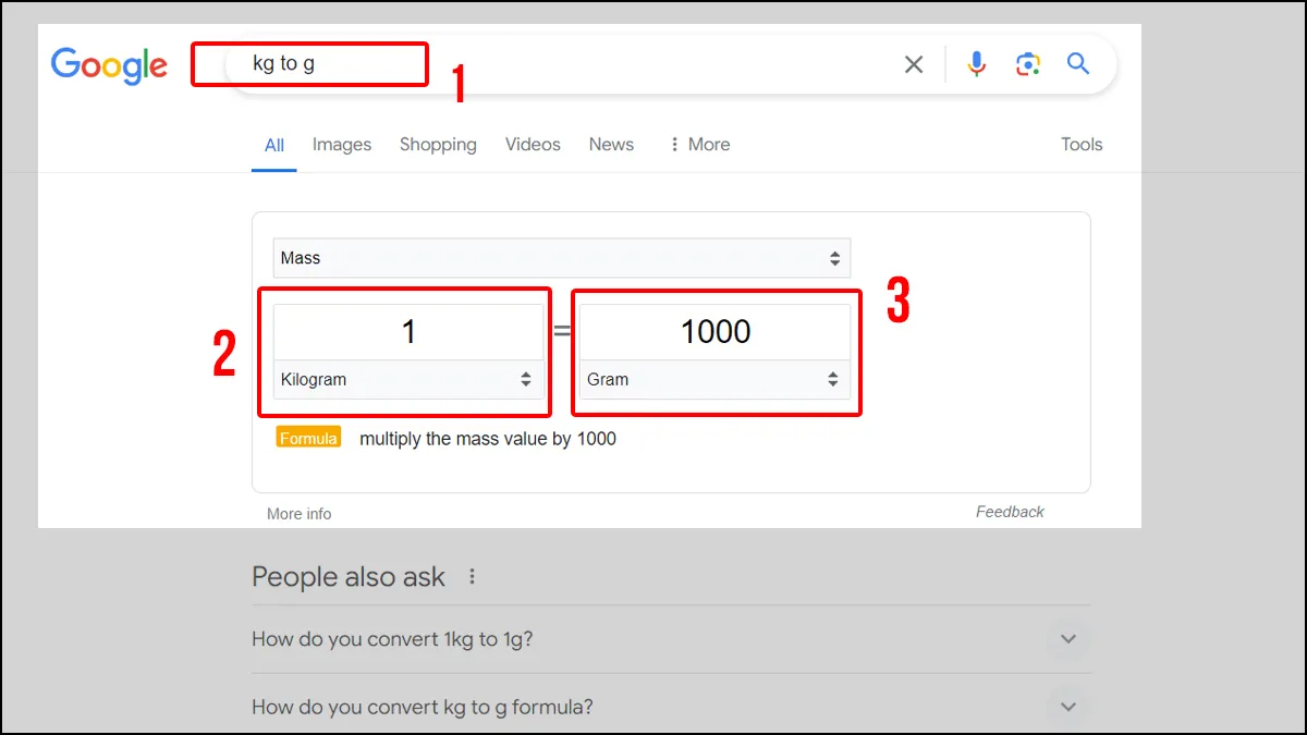 Công cụ chuyển đổi đơn vị khối lượng từ kg sang gam trực tuyến của Google